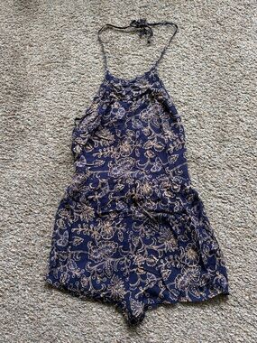 Out From Under Navy Floral Halter Romper with Cream Print